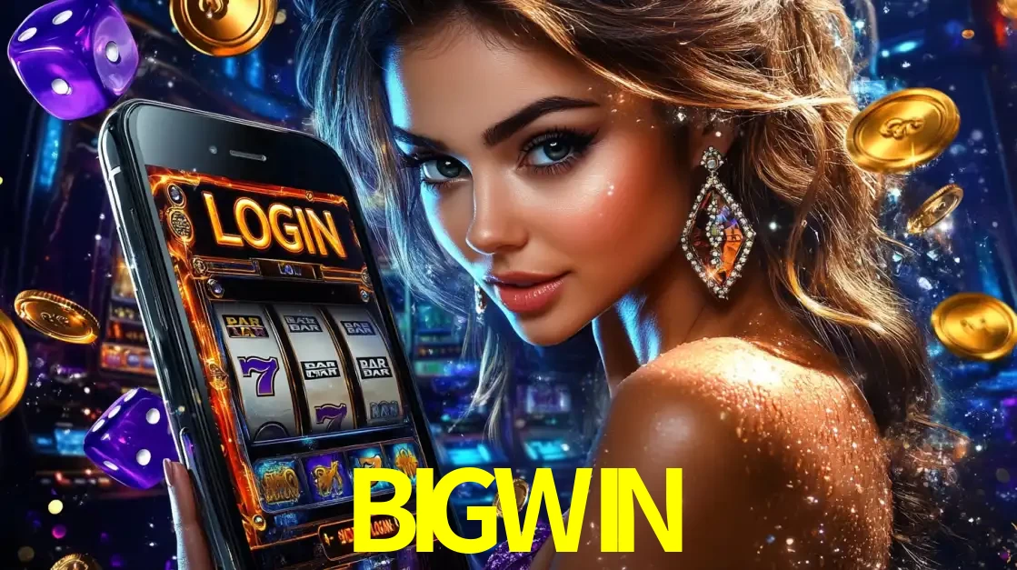 Mulher glamorosa segurando um smartphone com a tela de login para os jogos de caça-níqueis do cassino online BIGWIN, com moedas de ouro e dados ao redor.