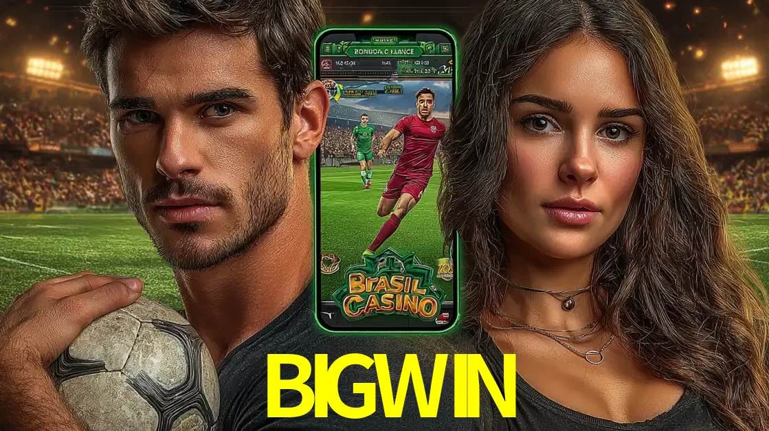 Homem segurando uma bola de futebol e uma mulher ao lado de um smartphone exibindo o jogo de apostas esportivas da BIGWIN. Faça seu palpite no cassino online.